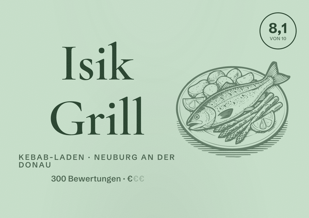 Illustriertes Poster von Isik Grill, Kebab-Laden in Neuburg an der Donau: Bewertung 8,1 von 10 aus 300 Bewertungen, Preisniveau €