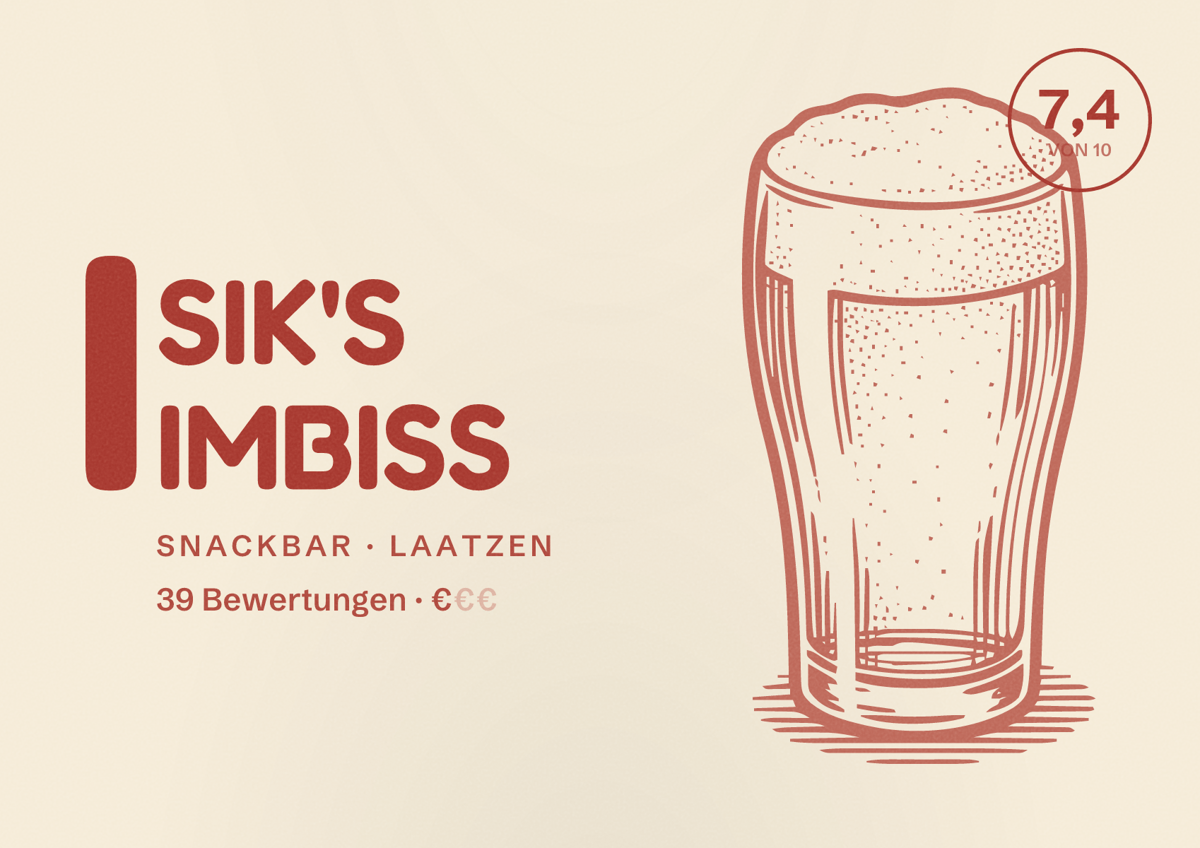 Illustriertes Poster von ISIK'S IMBISS, Snackbar in Laatzen: Bewertung 7,4 von 10 aus 39 Bewertungen, Preisniveau €