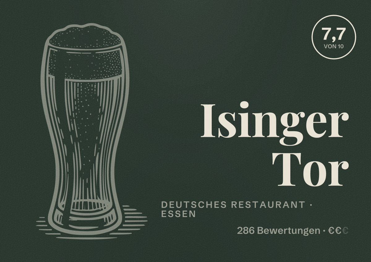 Illustriertes Poster von Isinger Tor, Deutsches Restaurant in Essen: Bewertung 7,7 von 10 aus 286 Bewertungen, Preisniveau €€
