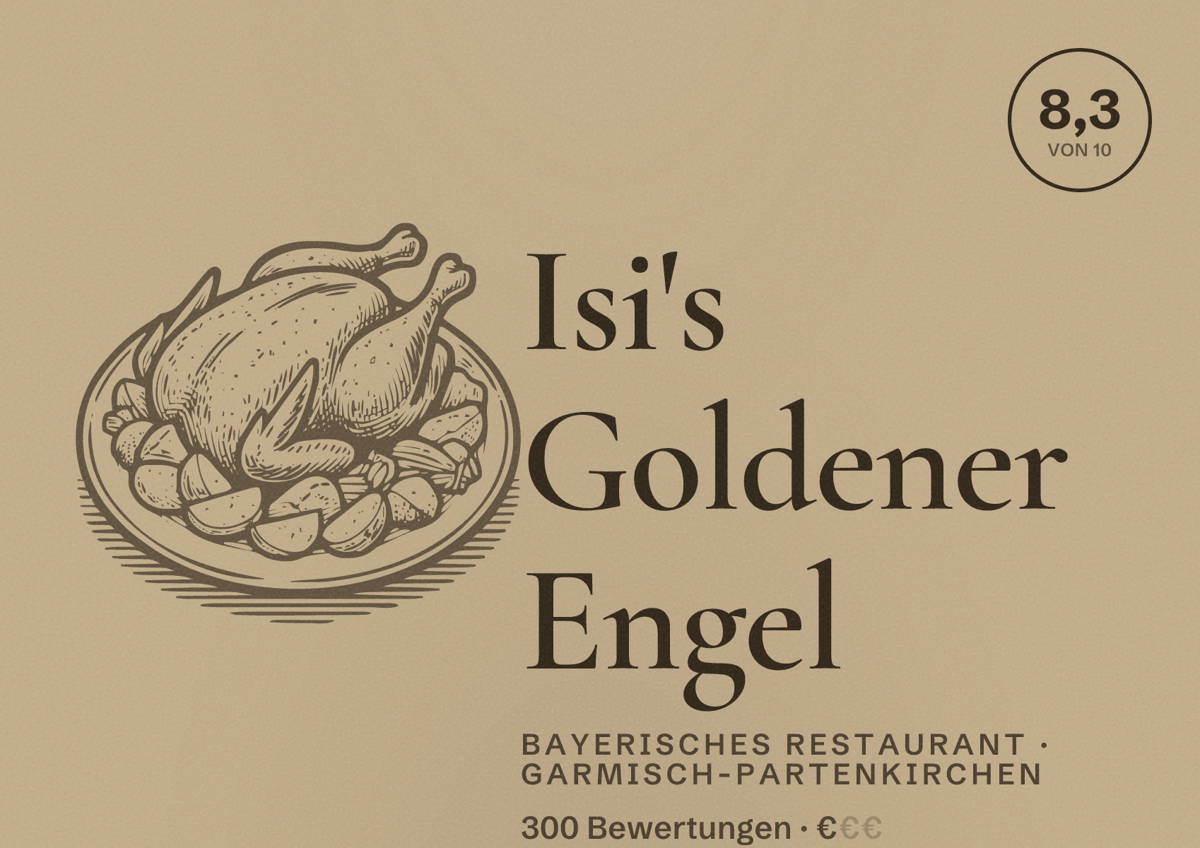 Illustriertes Poster von Isi's Goldener Engel, Bayerisches Restaurant in Garmisch-Partenkirchen: Bewertung 8,3 von 10 aus 300 Bewertungen, Preisniveau €