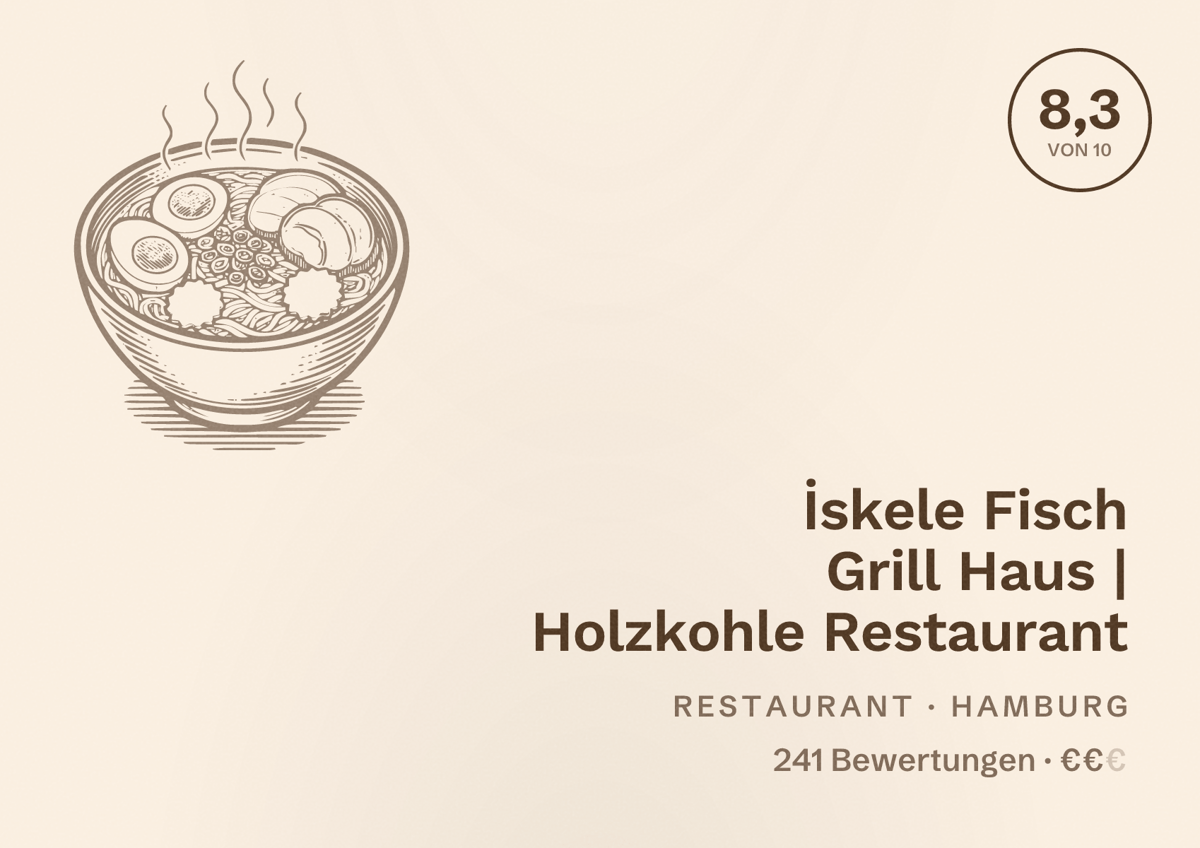 Illustriertes Poster von İskele Fisch Grill Haus | Holzkohle Restaurant, Restaurant in Hamburg: Bewertung 8,3 von 10 aus 241 Bewertungen, Preisniveau €€