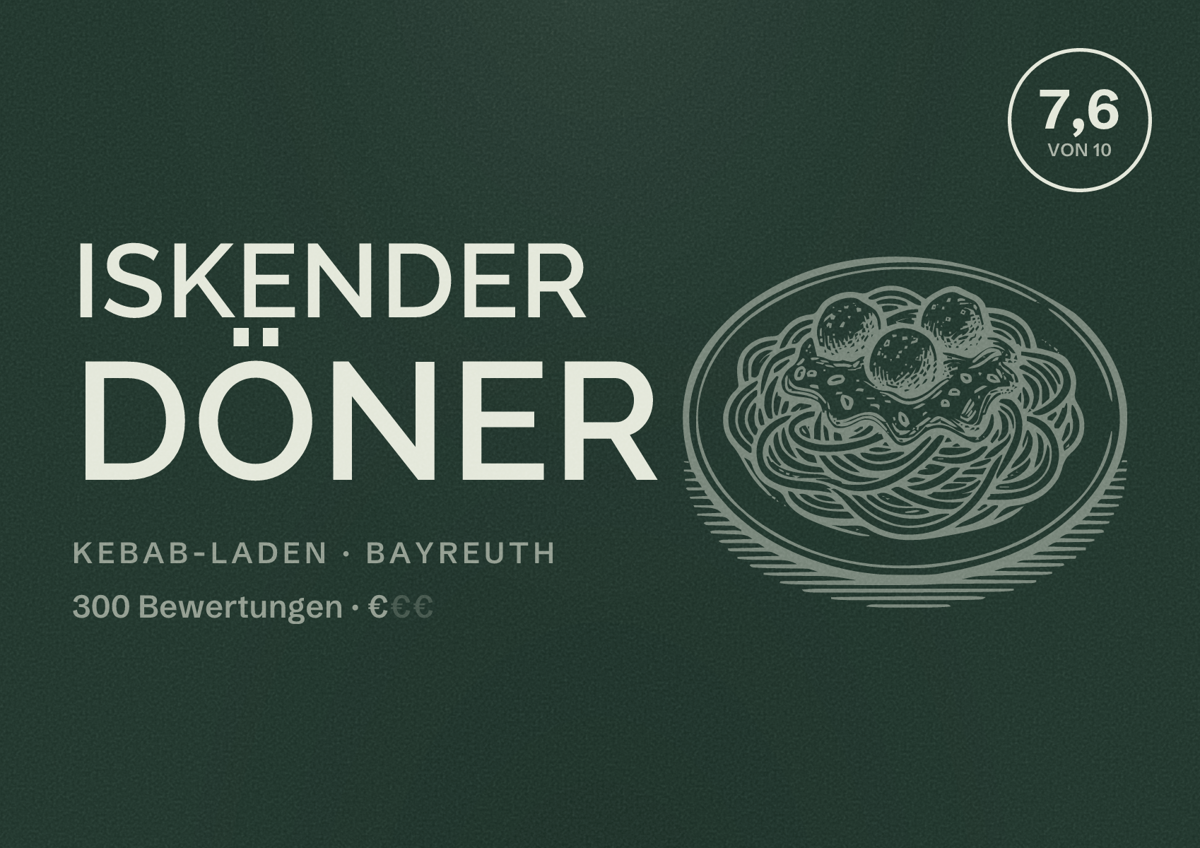 Illustriertes Poster von Iskender Döner, Kebab-Laden in Bayreuth: Bewertung 7,6 von 10 aus 300 Bewertungen, Preisniveau €