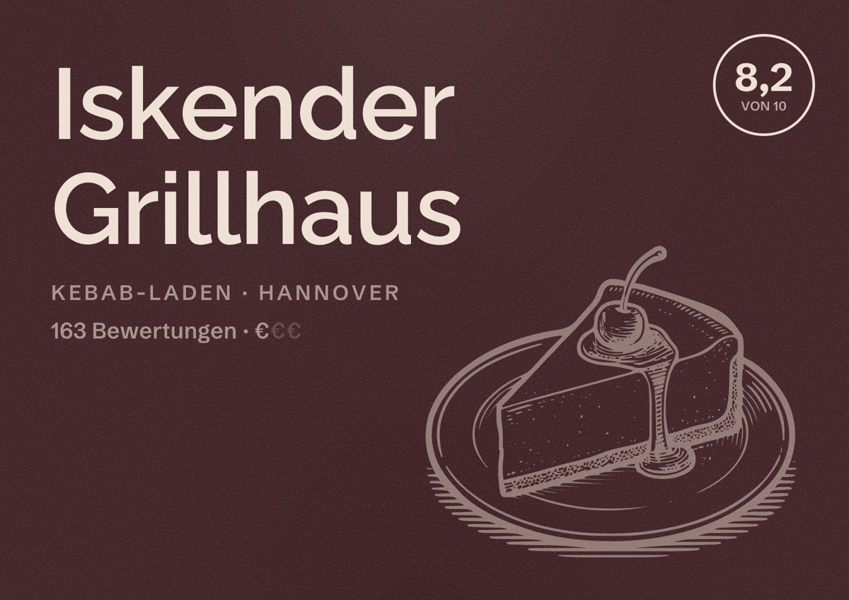 Illustriertes Poster von Iskender Grillhaus, Kebab-Laden in Hannover: Bewertung 8,2 von 10 aus 163 Bewertungen, Preisniveau €