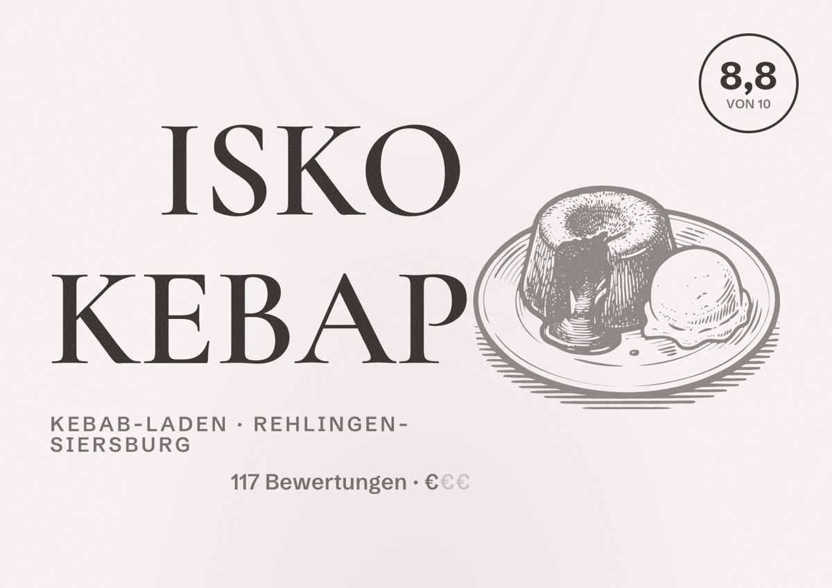 Illustriertes Poster von ISKO KEBAP, Kebab-Laden in Rehlingen-Siersburg: Bewertung 8,8 von 10 aus 117 Bewertungen, Preisniveau €