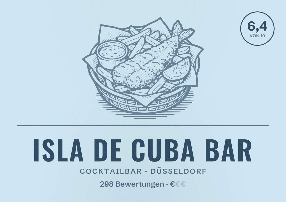 Illustriertes Poster von ISLA DE CUBA BAR, Cocktailbar in Düsseldorf: Bewertung 6,4 von 10 aus 298 Bewertungen, Preisniveau €