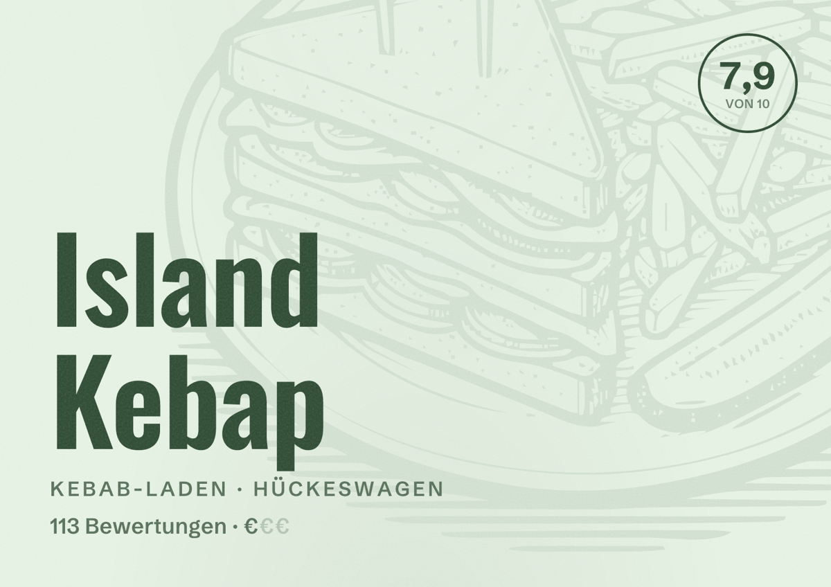 Illustriertes Poster von Island Kebap, Kebab-Laden in Hückeswagen: Bewertung 7,9 von 10 aus 113 Bewertungen, Preisniveau €