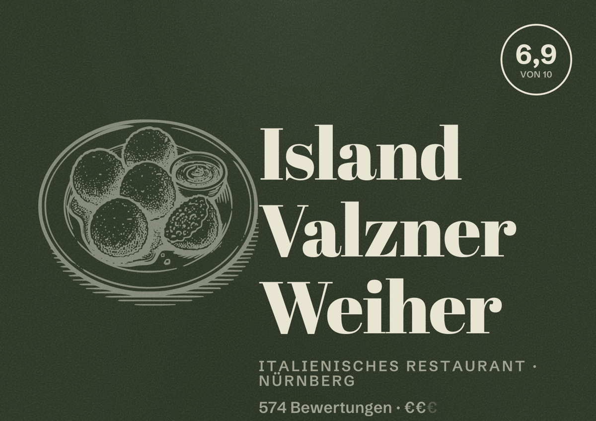 Illustriertes Poster von Island Valzner Weiher, Italienisches Restaurant in Nürnberg: Bewertung 6,9 von 10 aus 574 Bewertungen, Preisniveau €€