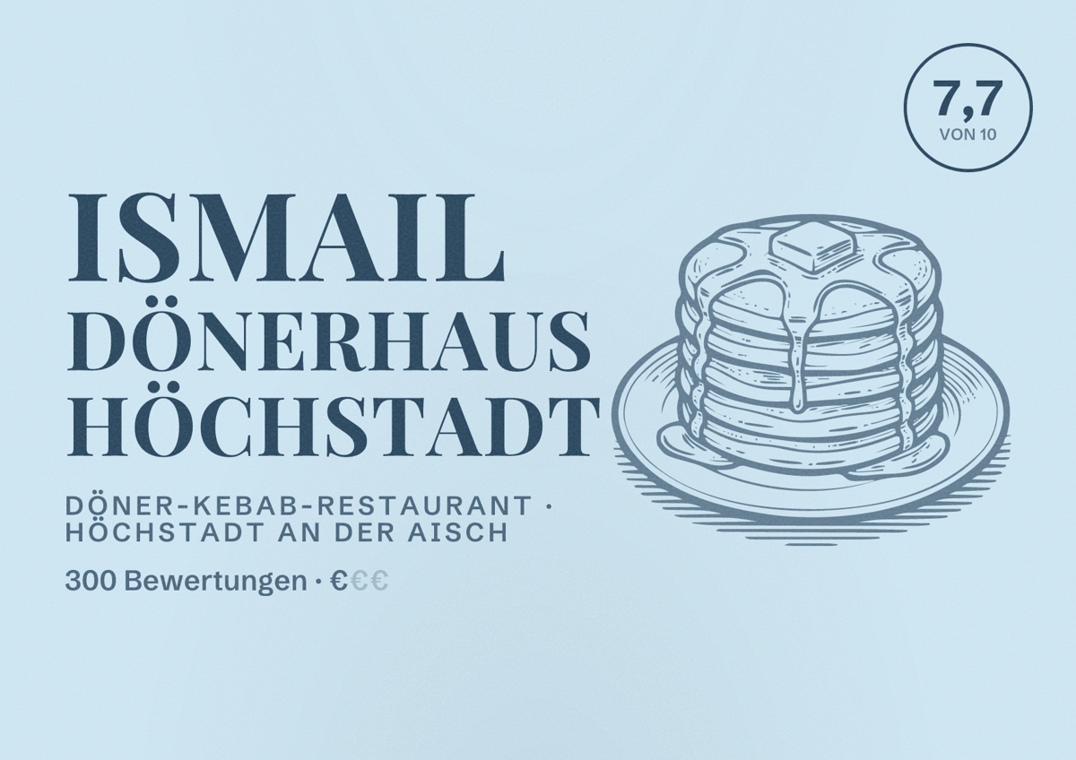 Illustriertes Poster von Ismail Dönerhaus Höchstadt, Döner-Kebab-Restaurant in Höchstadt an der Aisch: Bewertung 7,7 von 10 aus 300 Bewertungen, Preisniveau €
