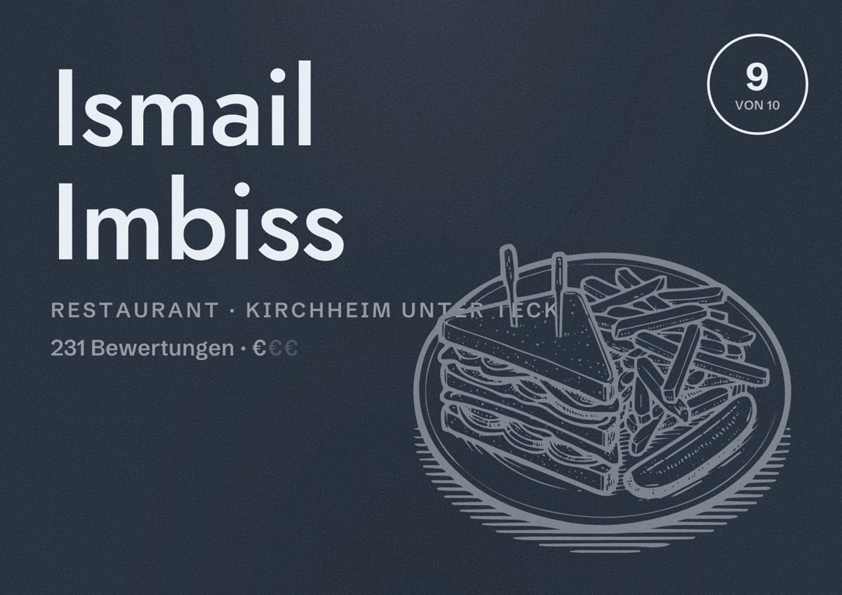 Illustriertes Poster von Ismail Imbiss, Restaurant in Kirchheim unter Teck: Bewertung 9 von 10 aus 231 Bewertungen, Preisniveau €