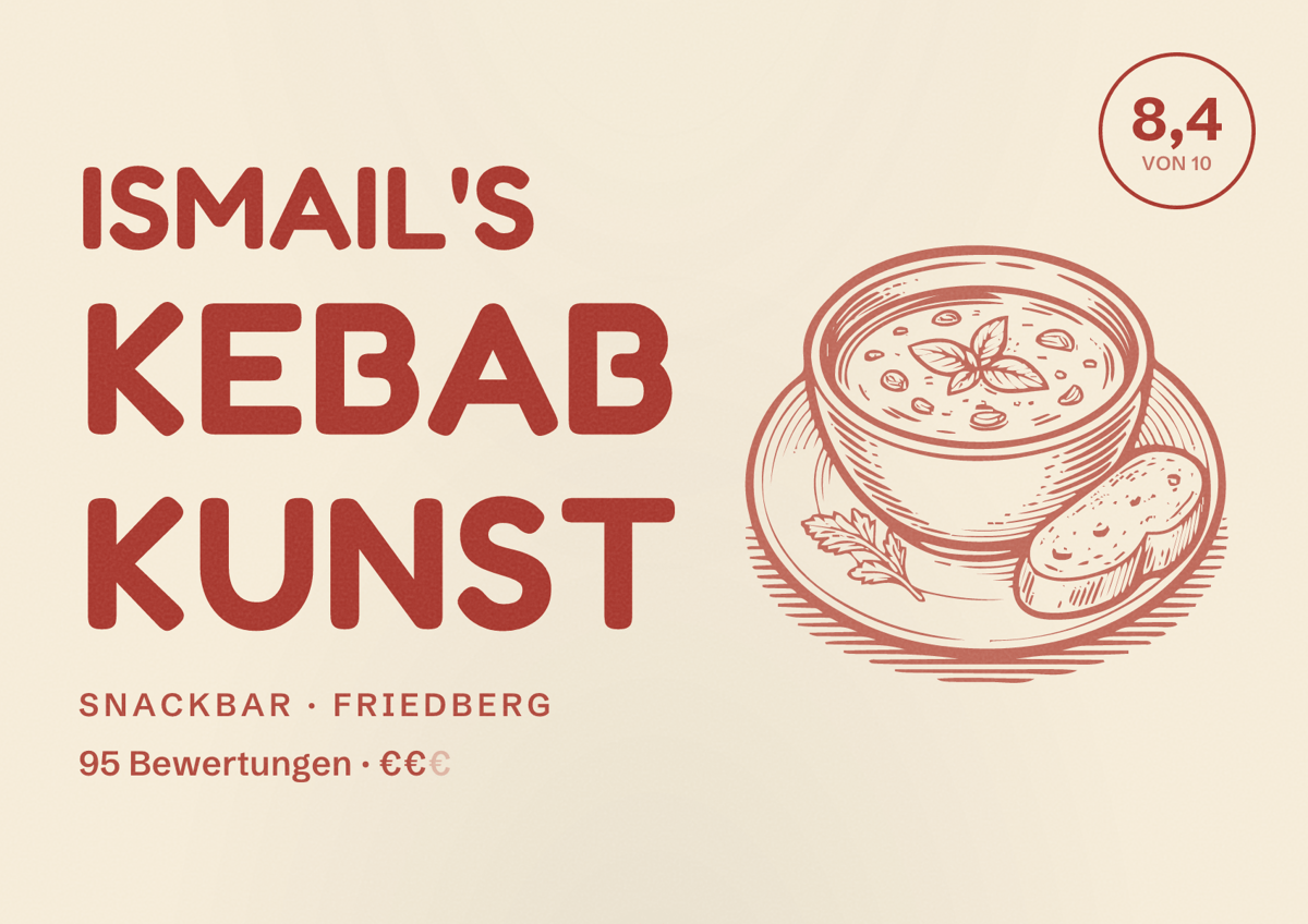 Illustriertes Poster von Ismail's Kebab Kunst, Snackbar in Friedberg: Bewertung 8,4 von 10 aus 95 Bewertungen, Preisniveau €€