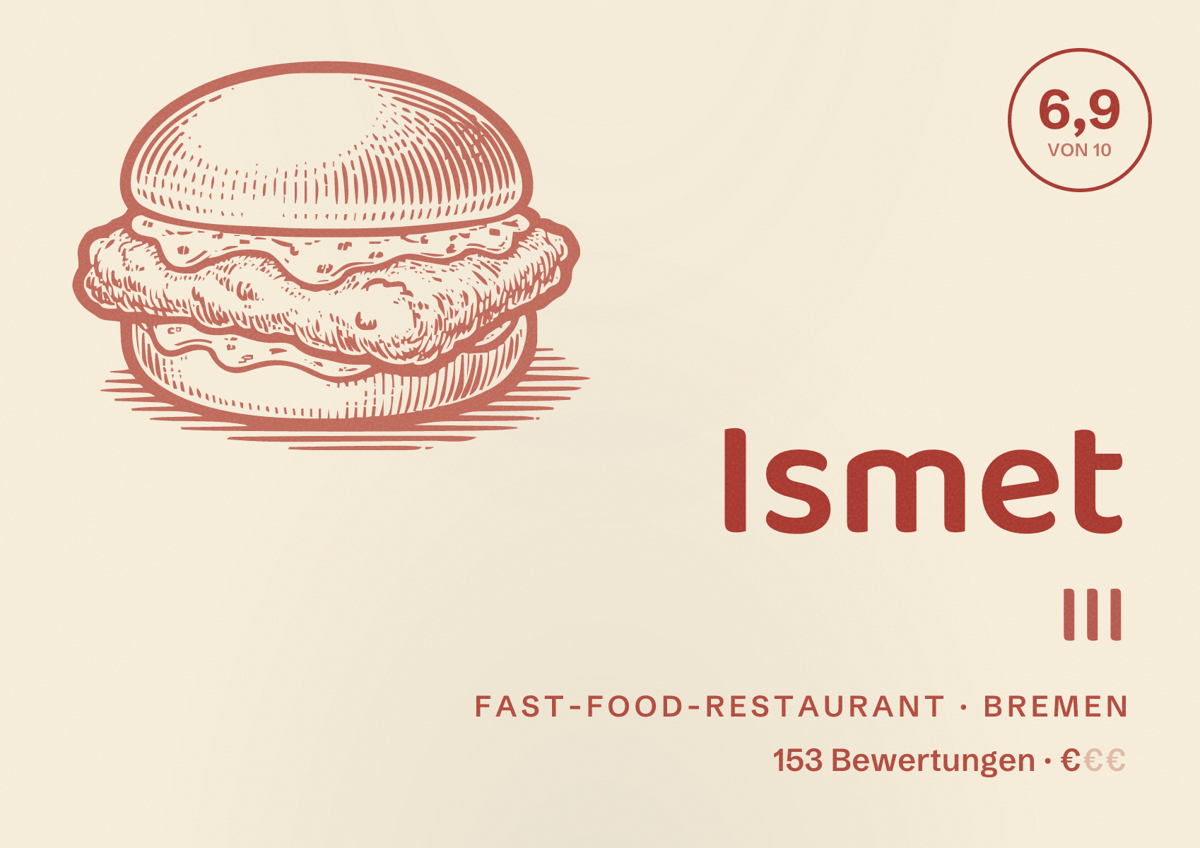 Illustriertes Poster von Ismet III, Fast-Food-Restaurant in Bremen: Bewertung 6,9 von 10 aus 153 Bewertungen, Preisniveau €
