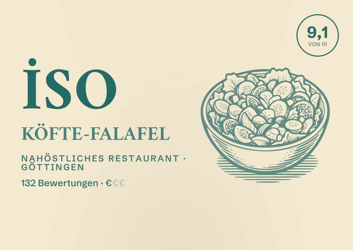 Illustriertes Poster von İSO Köfte-Falafel, Nahöstliches Restaurant in Göttingen: Bewertung 9,1 von 10 aus 132 Bewertungen, Preisniveau €