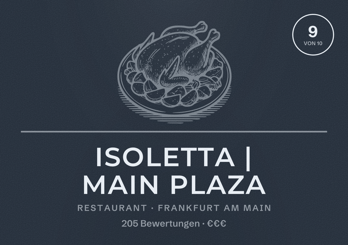 Illustriertes Poster von Isoletta | Main Plaza, Restaurant in Frankfurt am Main: Bewertung 9 von 10 aus 205 Bewertungen, Preisniveau €€€