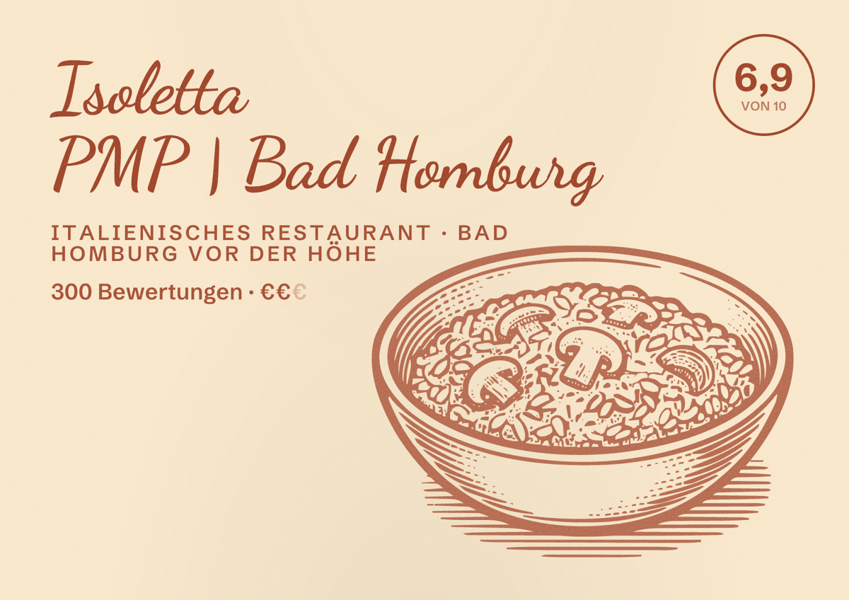 Illustriertes Poster von Isoletta PMP | Bad Homburg, Italienisches Restaurant in Bad Homburg vor der Höhe: Bewertung 6,9 von 10 aus 300 Bewertungen, Preisniveau €€