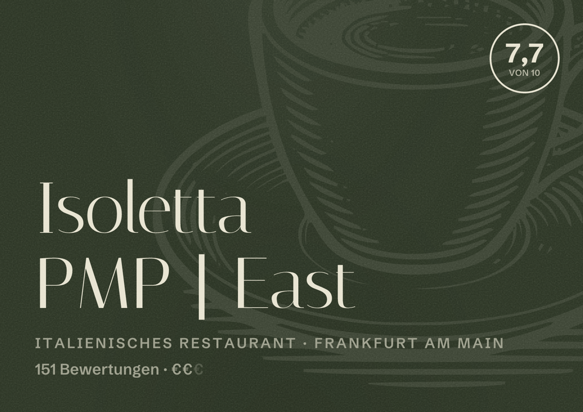 Illustriertes Poster von Isoletta PMP | East, Italienisches Restaurant in Frankfurt am Main: Bewertung 7,7 von 10 aus 151 Bewertungen, Preisniveau €€