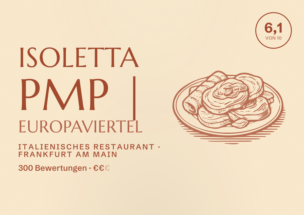Illustriertes Poster von Isoletta PMP | Europaviertel, Italienisches Restaurant in Frankfurt am Main: Bewertung 6,1 von 10 aus 300 Bewertungen, Preisniveau €€