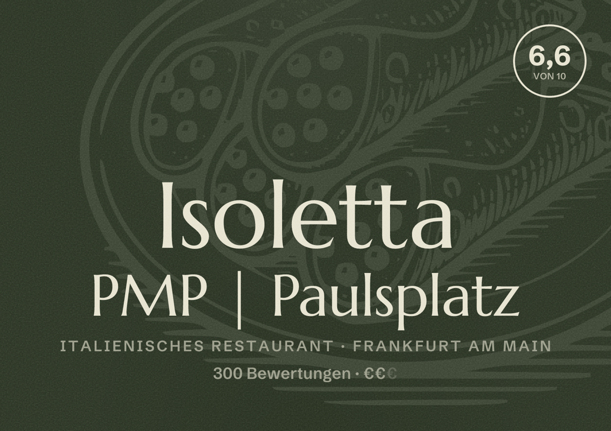 Illustriertes Poster von Isoletta PMP | Paulsplatz, Italienisches Restaurant in Frankfurt am Main: Bewertung 6,6 von 10 aus 300 Bewertungen, Preisniveau €€