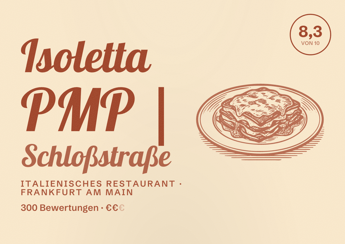 Illustriertes Poster von Isoletta PMP | Schloßstraße, Italienisches Restaurant in Frankfurt am Main: Bewertung 8,3 von 10 aus 300 Bewertungen, Preisniveau €€