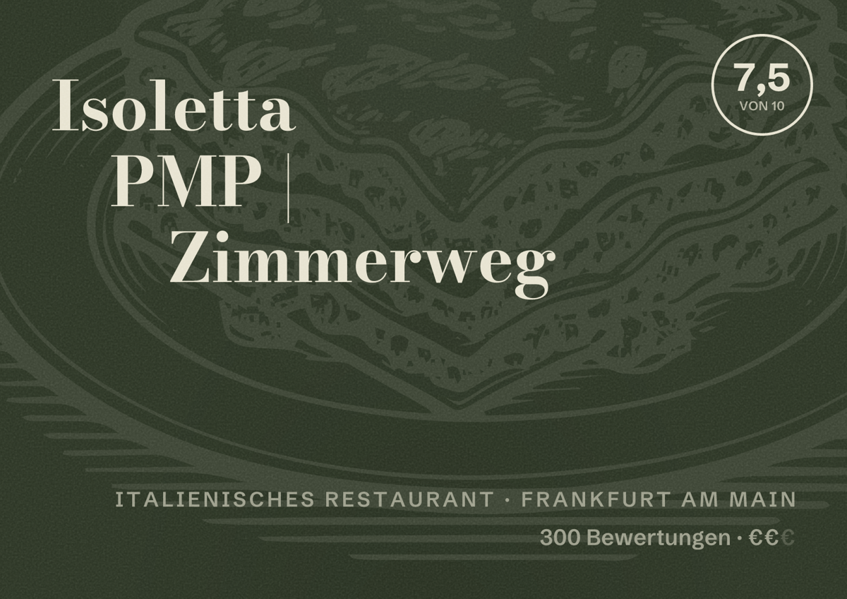 Illustriertes Poster von Isoletta PMP | Zimmerweg, Italienisches Restaurant in Frankfurt am Main: Bewertung 7,5 von 10 aus 300 Bewertungen, Preisniveau €€