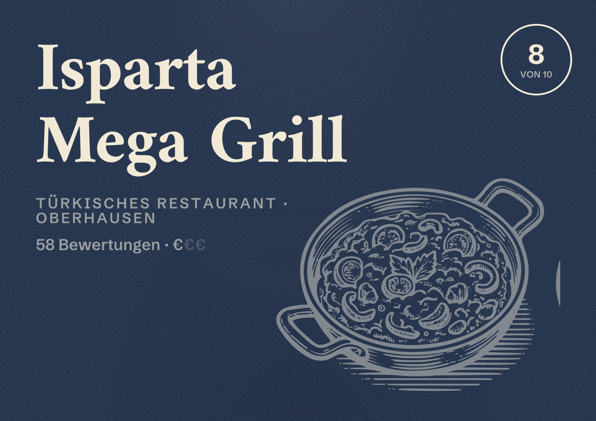 Illustriertes Poster von Isparta Mega Grill, Türkisches Restaurant in Oberhausen: Bewertung 8 von 10 aus 58 Bewertungen, Preisniveau €