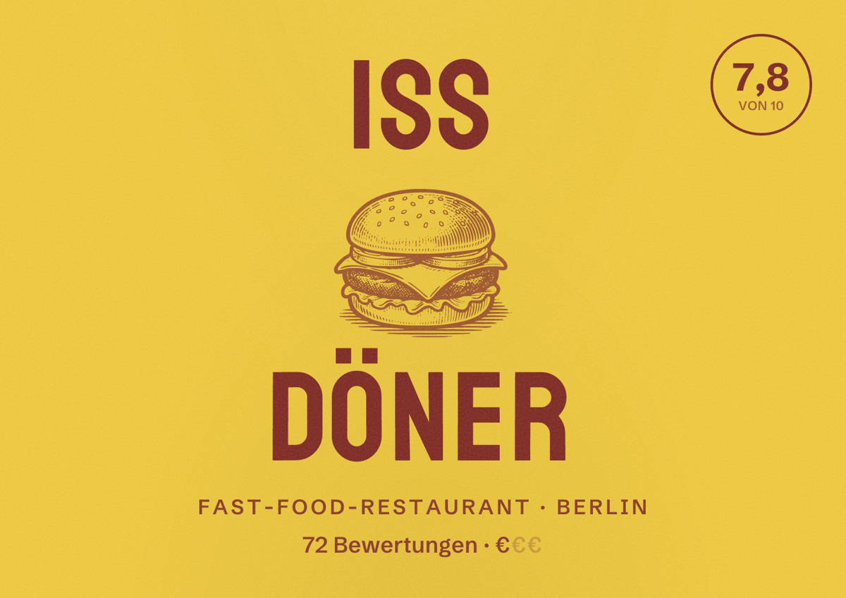 Illustriertes Poster von ISS DÖNER, Fast-Food-Restaurant in Berlin: Bewertung 7,8 von 10 aus 72 Bewertungen, Preisniveau €