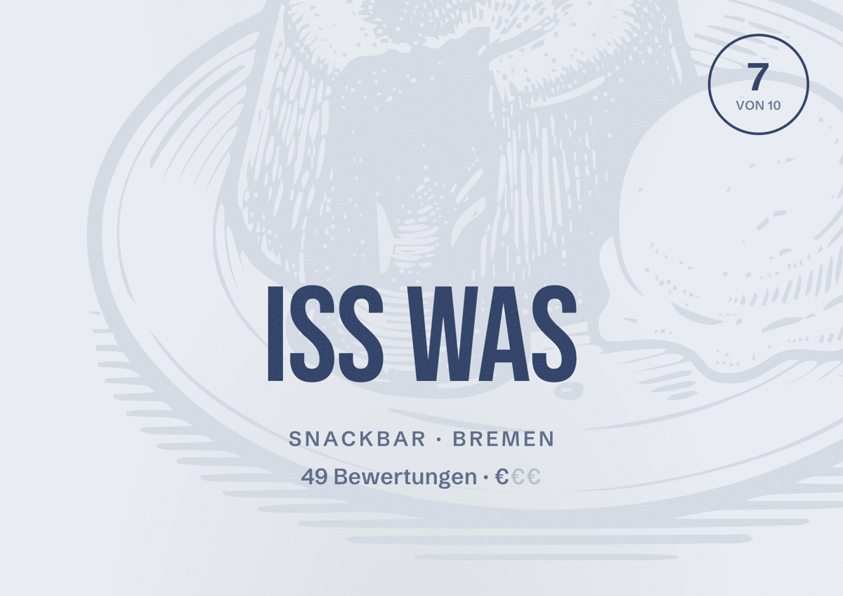 Illustriertes Poster von Iss Was, Snackbar in Bremen: Bewertung 7 von 10 aus 49 Bewertungen, Preisniveau €
