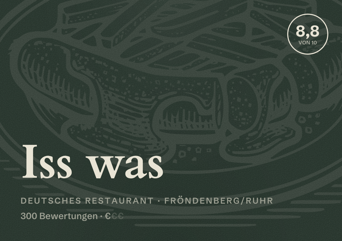 Illustriertes Poster von Iss was, Deutsches Restaurant in Fröndenberg/Ruhr: Bewertung 8,8 von 10 aus 300 Bewertungen, Preisniveau €