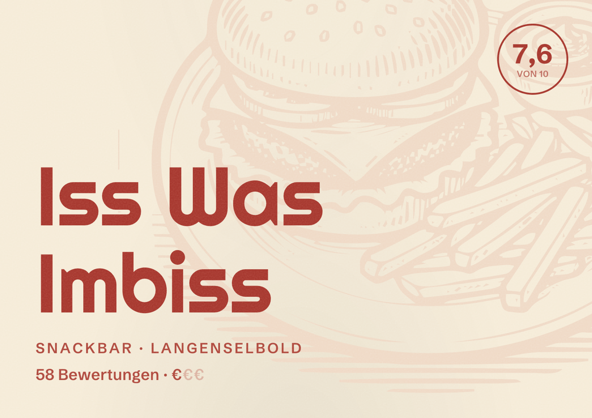Illustriertes Poster von Iss Was Imbiss, Snackbar in Langenselbold: Bewertung 7,6 von 10 aus 58 Bewertungen, Preisniveau €