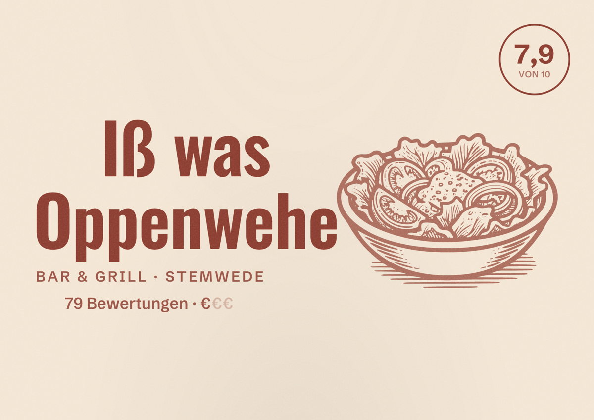 Illustriertes Poster von Iß was Oppenwehe, Bar & Grill in Stemwede: Bewertung 7,9 von 10 aus 79 Bewertungen, Preisniveau €