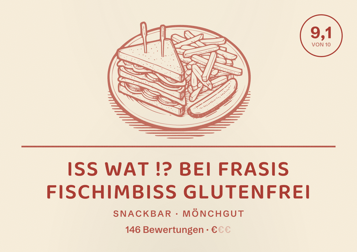 Illustriertes Poster von Iss wat !? bei Frasis Fischimbiss Glutenfrei, Snackbar in Mönchgut: Bewertung 9,1 von 10 aus 146 Bewertungen, Preisniveau €