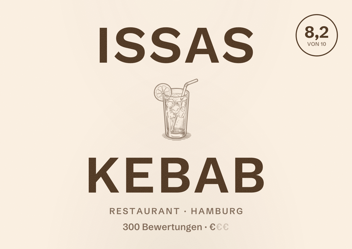 Illustriertes Poster von Issas Kebab, Restaurant in Hamburg: Bewertung 8,2 von 10 aus 300 Bewertungen, Preisniveau €