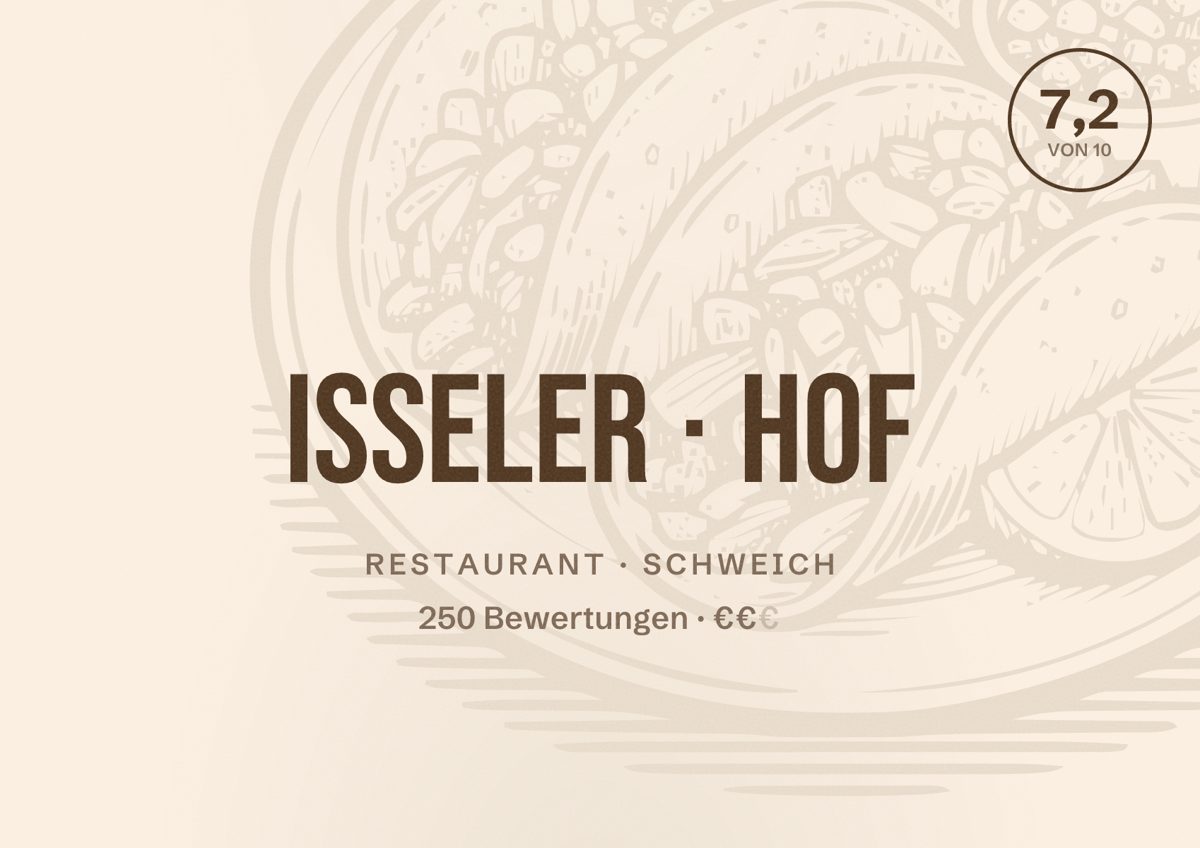 Illustriertes Poster von Isseler Hof, Restaurant in Schweich: Bewertung 7,2 von 10 aus 250 Bewertungen, Preisniveau €€