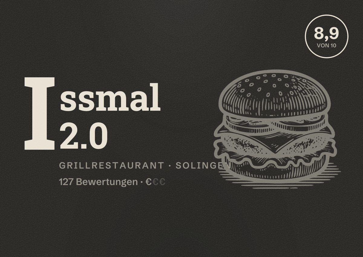 Illustriertes Poster von Issmal 2.0, Grillrestaurant in Solingen: Bewertung 8,9 von 10 aus 127 Bewertungen, Preisniveau €