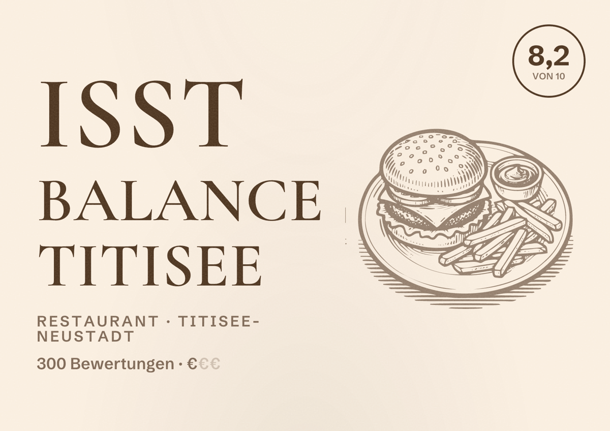 Illustriertes Poster von Isst Balance Titisee, Restaurant in Titisee-Neustadt: Bewertung 8,2 von 10 aus 300 Bewertungen, Preisniveau €