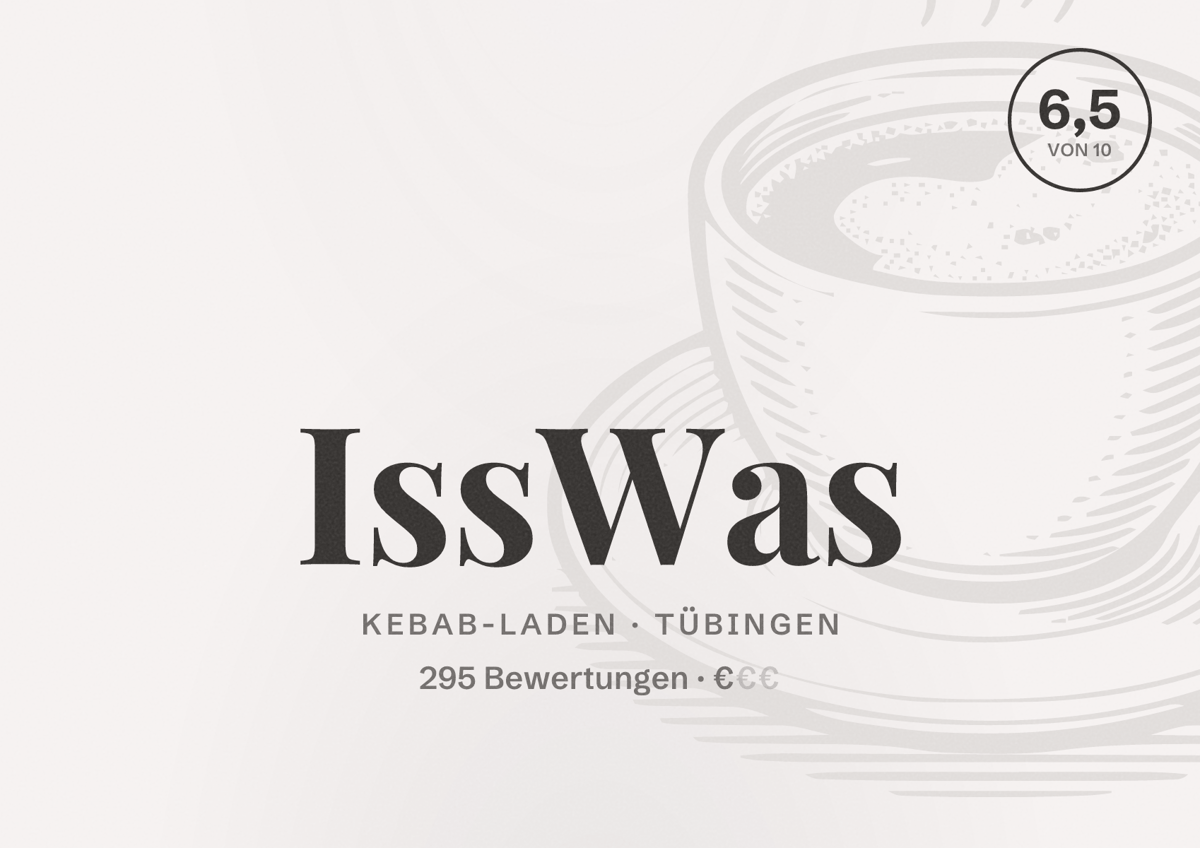 Illustriertes Poster von IssWas, Kebab-Laden in Tübingen: Bewertung 6,5 von 10 aus 295 Bewertungen, Preisniveau €