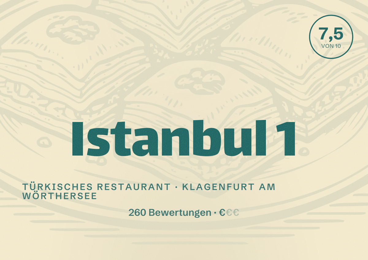 Illustriertes Poster von Istanbul 1, Türkisches Restaurant in Klagenfurt am Wörthersee: Bewertung 7,5 von 10 aus 260 Bewertungen, Preisniveau €