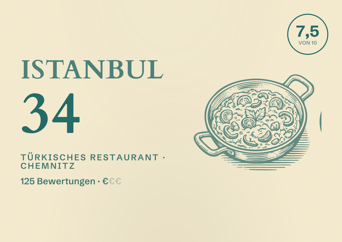 Illustriertes Poster von Istanbul 34, Türkisches Restaurant in Chemnitz: Bewertung 7,5 von 10 aus 125 Bewertungen, Preisniveau €