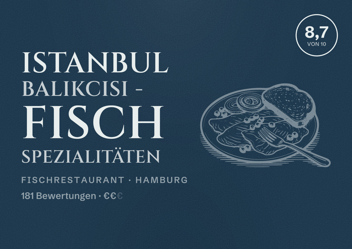 Illustriertes Poster von Istanbul Balikcisi - Fisch Spezialitäten, Fischrestaurant in Hamburg: Bewertung 8,7 von 10 aus 181 Bewertungen, Preisniveau €€