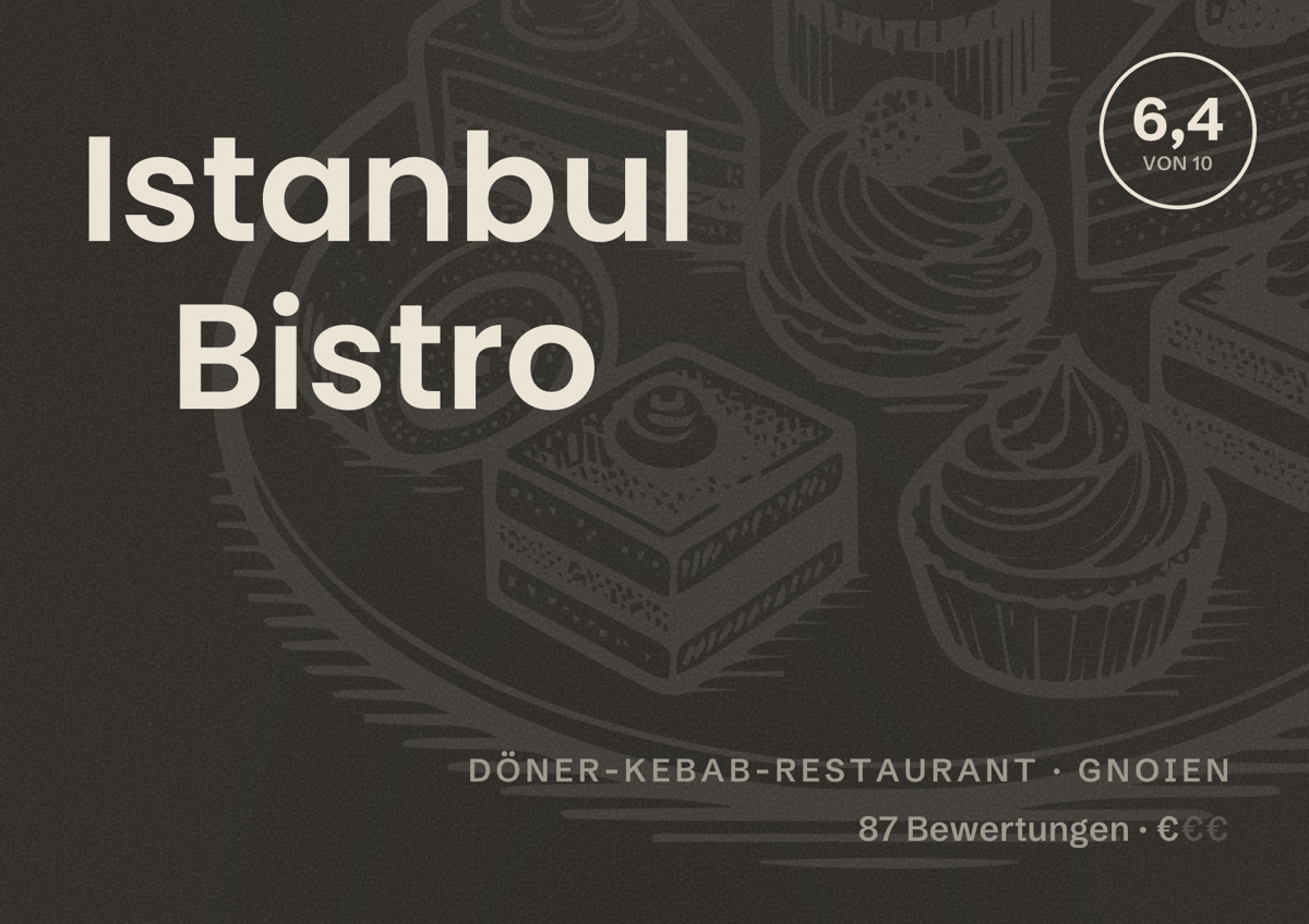 Illustriertes Poster von Istanbul Bistro, Döner-Kebab-Restaurant in Gnoien: Bewertung 6,4 von 10 aus 87 Bewertungen, Preisniveau €