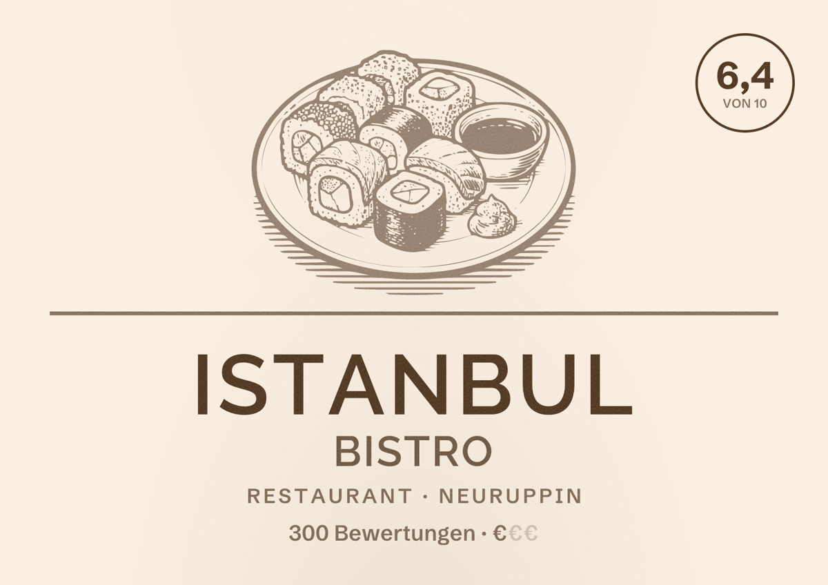Illustriertes Poster von Istanbul Bistro, Restaurant in Neuruppin: Bewertung 6,4 von 10 aus 300 Bewertungen, Preisniveau €