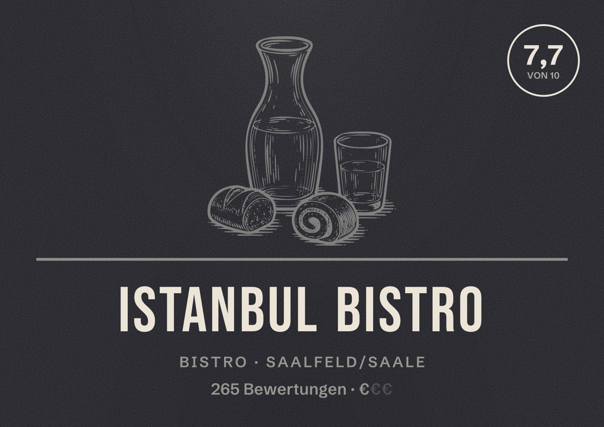 Illustriertes Poster von Istanbul Bistro, Bistro in Saalfeld/Saale: Bewertung 7,7 von 10 aus 265 Bewertungen, Preisniveau €