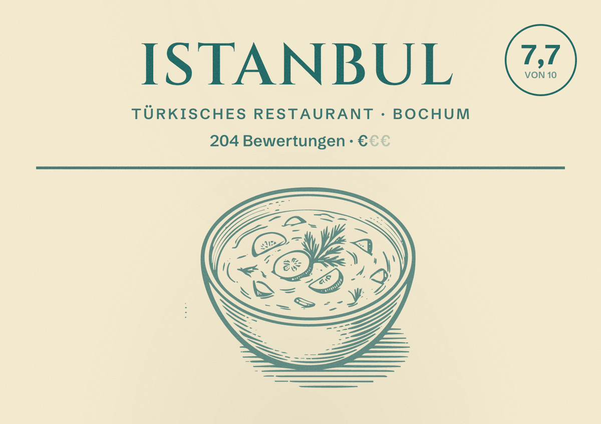 Illustriertes Poster von Istanbul, Türkisches Restaurant in Bochum: Bewertung 7,7 von 10 aus 204 Bewertungen, Preisniveau €
