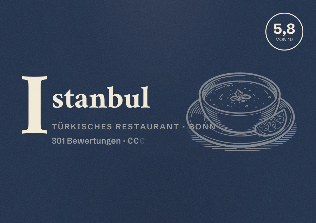 Illustriertes Poster von Istanbul, Türkisches Restaurant in Bonn: Bewertung 5,8 von 10 aus 301 Bewertungen, Preisniveau €€