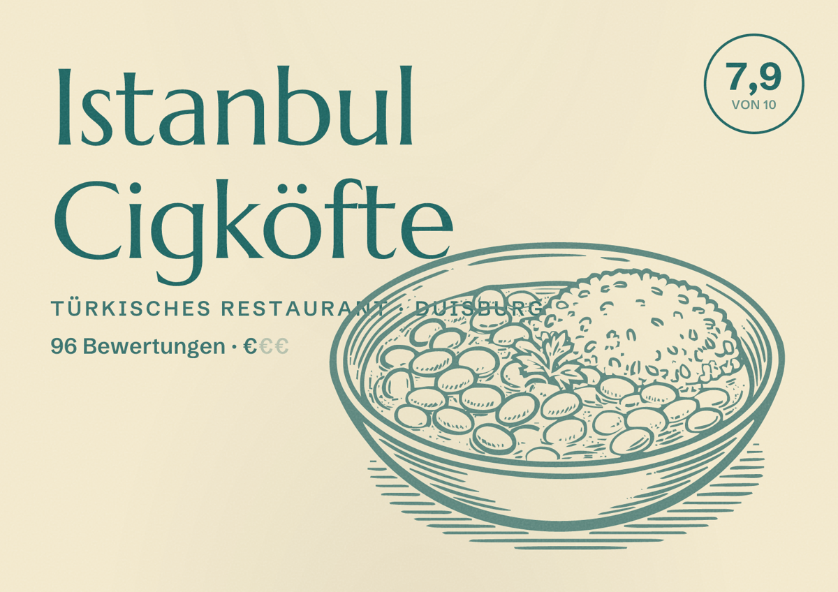 Illustriertes Poster von Istanbul Cigköfte, Türkisches Restaurant in Duisburg: Bewertung 7,9 von 10 aus 96 Bewertungen, Preisniveau €