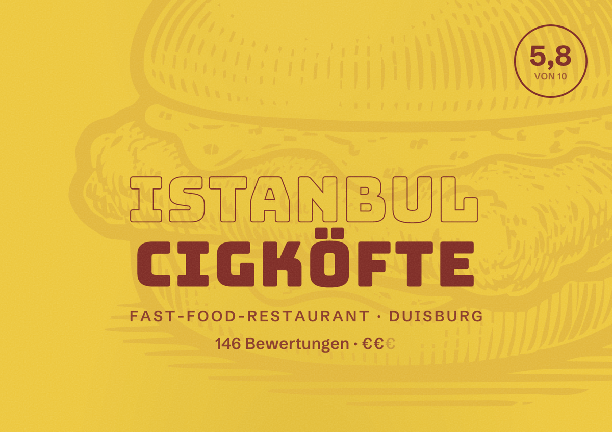 Illustriertes Poster von Istanbul Cigköfte, Fast-Food-Restaurant in Duisburg: Bewertung 5,8 von 10 aus 146 Bewertungen, Preisniveau €€