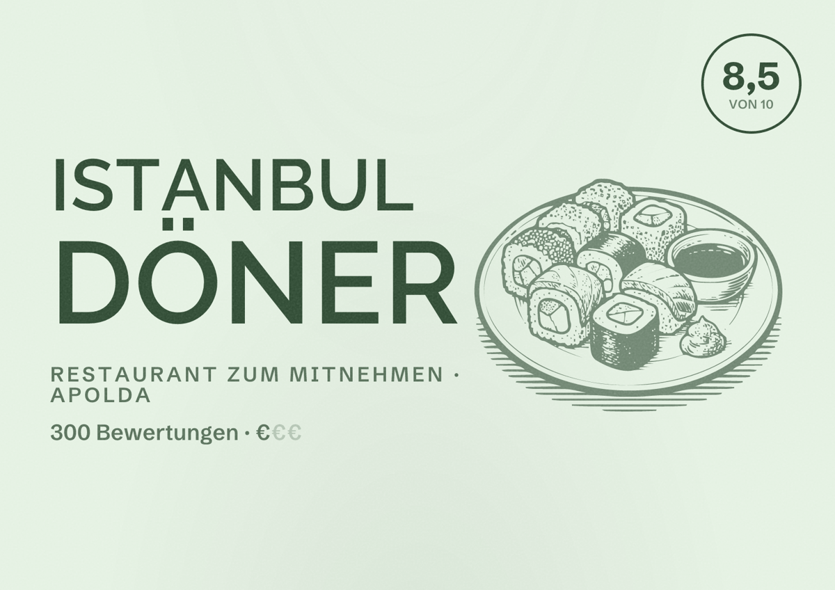 Illustriertes Poster von Istanbul Döner, Restaurant zum Mitnehmen in Apolda: Bewertung 8,5 von 10 aus 300 Bewertungen, Preisniveau €