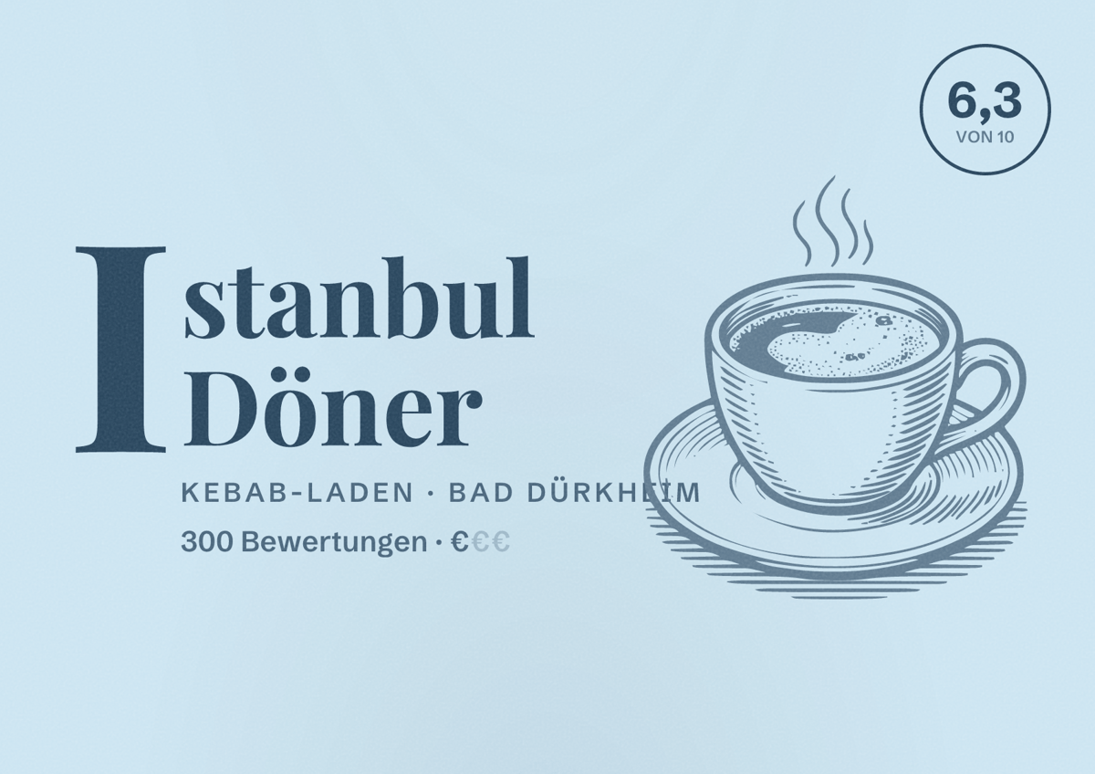 Illustriertes Poster von Istanbul Döner, Kebab-Laden in Bad Dürkheim: Bewertung 6,3 von 10 aus 300 Bewertungen, Preisniveau €