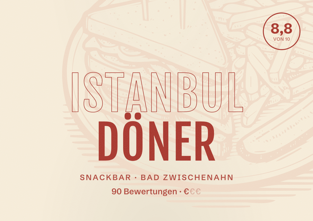 Illustriertes Poster von Istanbul Döner, Snackbar in Bad Zwischenahn: Bewertung 8,8 von 10 aus 90 Bewertungen, Preisniveau €