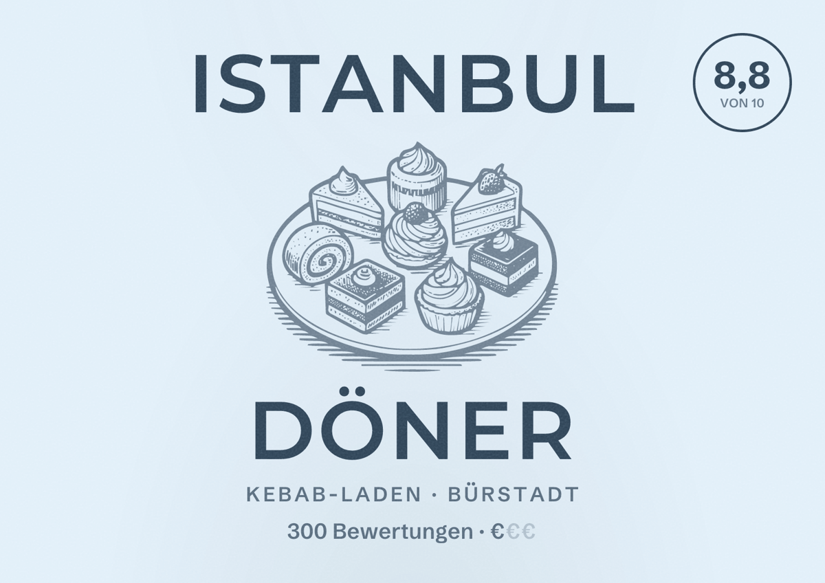 Illustriertes Poster von ISTANBUL DÖNER, Kebab-Laden in Bürstadt: Bewertung 8,8 von 10 aus 300 Bewertungen, Preisniveau €