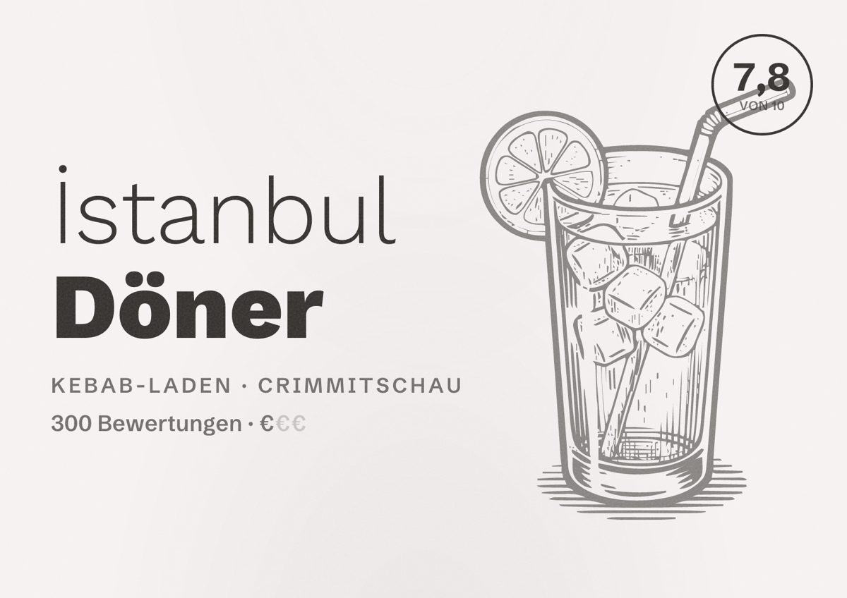 Illustriertes Poster von İstanbul Döner, Kebab-Laden in Crimmitschau: Bewertung 7,8 von 10 aus 300 Bewertungen, Preisniveau €